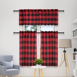 Simple Deluxe Buffalo Check Kitchen Tier Curtains, Plaid Gingham Small Curtain for Half Cafe Windows, 26" W x 30" L, Black and Red