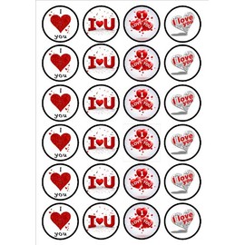 I Love You Valentines Edible Premium Thick Sweetened Vanilla Wafer Rice Paper Cupcake Toppers/Decorations