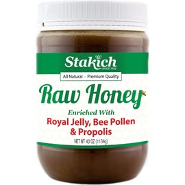 Stakich Royal Jelly, Bee Pollen, Propolis Raw Honey - Pure, Unprocessed, Unheated - 40 Ounce