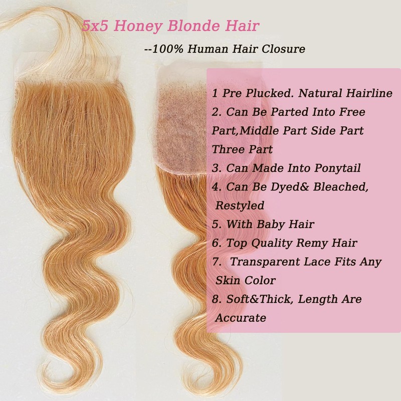 5x5 Honey Blonde Human Hair Closure Transparent Lace #27 Color