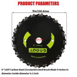 Gashwer 9" x 20T 2-Set Carbon Steel Round Chainsaw Tooth Brush Blades - Universal Adapter Kit with 3 Round Files, Compatible with Brush Cutter, Trimmer, Weed Eater, Husqvarna, Stihl, Ego