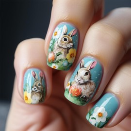 24 Pcs Short Press on Nails Square Easter Fake Nails with Cute Bunny Flower Designs Glossy False Nails Blue Full Cover Glue on Nails Rabbit Acrylic Nails for Women Artificial Nails