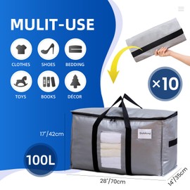 TAILI Extra Large Moving Bags, 10 Pack Silver Heavy Duty Totes For Storage with Visible Window, Wrap Around Handles, Space Saving Storage Bags for Moving Supplies, Alternative to Moving Boxes