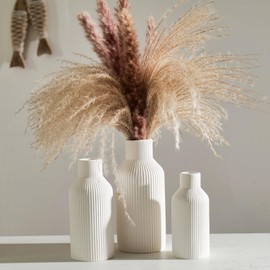 Hanaomaoyi White Ceramic Flower Vase, Pampas Grass Small Vase for Decor, Dining Table, Shelf Decor, Mantel, Entry Decor and Centerpieces, Minimalist Modern, Bohemian (White, L+M+S)