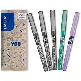 PILOT - Set of 5 V5 - Liquid Ink Roller Pen for Smooth and Precise Writing - Quick Drying, No Bleed - 3 Black, 1 Green, 1 Purple - 0.5 mm Fine Tip