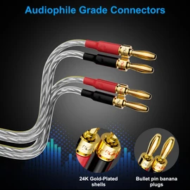 Mygatti 16/2 Speaker Flat Wire Cable with Banana Tip Plugs 50 FT, CL3 Rated, 16 Gauge AWG Wire, Tinned OFC Copper, Transparent Jacket with Yellow Polarity Marker, for Indoor & Outdoor, Hi-Fi Sound
