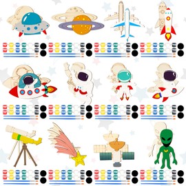 JellyArch 24 Pcs Unfinished Wood Cutouts for Kids Paint Your Own Painting Bulk Kits and Crafts for Kids Magnets Creature Classroom School Birthday Gifts Party Favor (Space)
