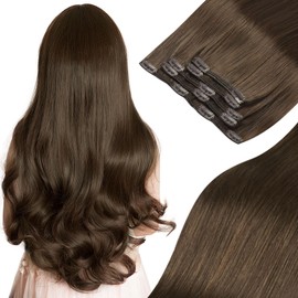 MEI YUAN LIN Clip In Hair Extensions Real Human Hair 12 Inch Chocolate Brown Remy Human Hair Clip In Extensions With 14 Clips Double Weft 85g 5pcs