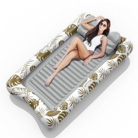 Rrtizan Inflatable Tanning Pool Rafts for Adults, 83.5" x 52.4" Adult Pool Floats with Pillow, Cup Holder & Handles, 4-in-1 Suntan Tub Raft Floatie for Pool, Backyard, Kids' Ball Pit (Golden-White)