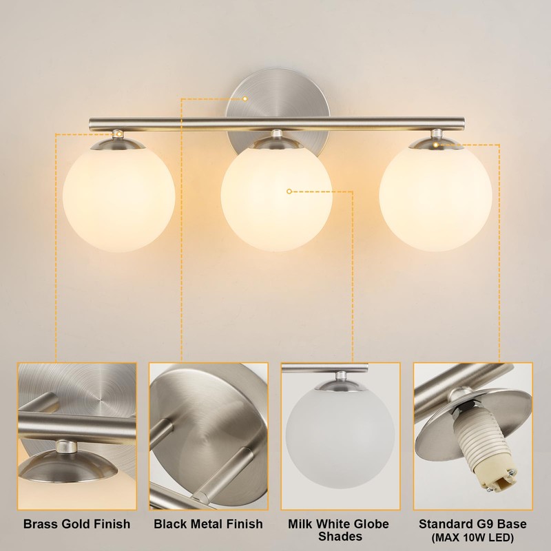 foucasal Brushed Nickel Bathroom Light Fixtures 3-Light Globe Vanity Light