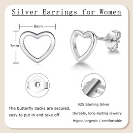 Glintara Silver Stud Earrings for Women Girls, 925 Sterling Silver Heart Stud Earrings, Mini Flat Love Shape Studs Earrings, Hypoallergenic Silver Studs Cute, Cartilage Sleeper Earrings with Gift Box