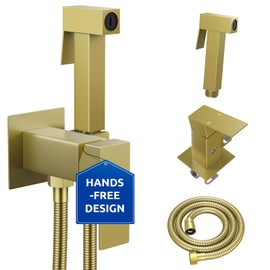 Arofa Warm Water Bidet Sprayer for Toilet with Hot and Cold Rough-in Valve, Hands-Free Handheld Bidet with Adjustable Water Flow, Square Toilet Sprayer with Bidet Hose for Feminine Wash, Brushed Gold