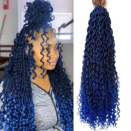 8 Packs Blue Goddess Faux Locs Crochet Hair for Black Women Long River Locs Crochet Hair with Curly Ends New Goddess Locs Crochet Hair Boho Style Locs (30Inch, TBlue#, 8Packs)