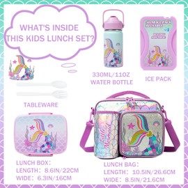 Oruiji Mermaid Bento Box for Kids Lunch Boxs for Girls Bento Lunch Box for Kids Lunch Box Set with 5 Compartments Stainless Steel Water Bottle, Lunch Bag, Ice Pack Set Back to School Supplies