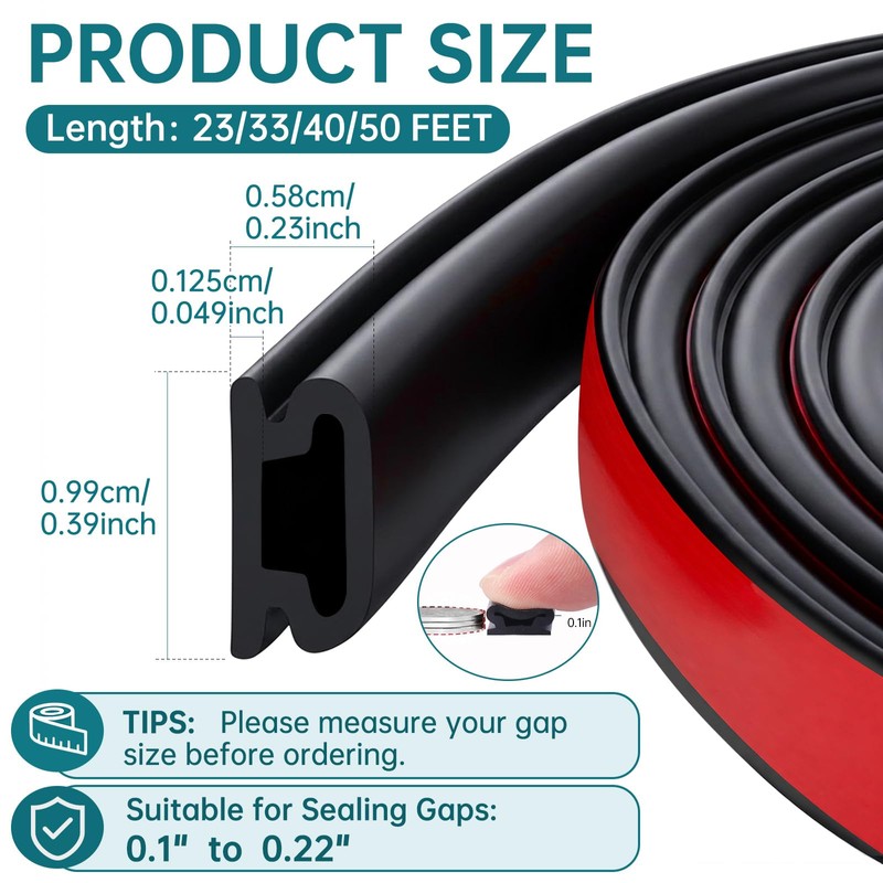 Door Seal Strip - Thick Black Rubber, Fits 0.16-0.23 in
