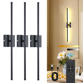 TPSHPTS Battery Operated Wall Sconces with Remote Control (3 PCS), USB Rechargeable Wall Lights 3 Colors Dimmable, 350° Rotate LED Wireless Wall Light for Bedroom Living Room Hallway, Black, 28.3 Inch