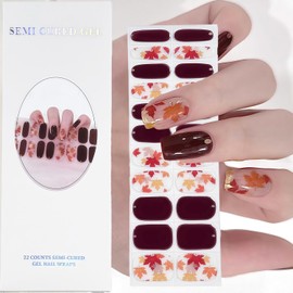 Fall Semi Cured Gel Nail Strips Thanksgiving Maple Leaf Nail Stickers Self-Adhesive Autumn Maple Leaves Pattern Nail Decals Fall Nails Stickers Acrylic Manicure Decorations for Women Holiday DIY