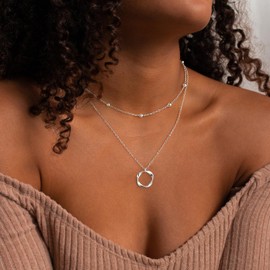 Layered Silver Necklaces for Women Stackable Dainty 14K Real Silver Plated Circle Pendant Necklace Bead Chain Choker Necklace Simple Cute Jewelry Set Women Teen Gift Trendy Stuff