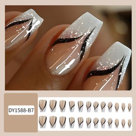 French Tip Press on Nails Medium Coffin Nude Fake Nails with Designs Glossy Glitter Glue on Nails White Nail Tips Full Cover Acrylic Nails Natural Stick on Nails Artificial False Nails for Women 24Pcs