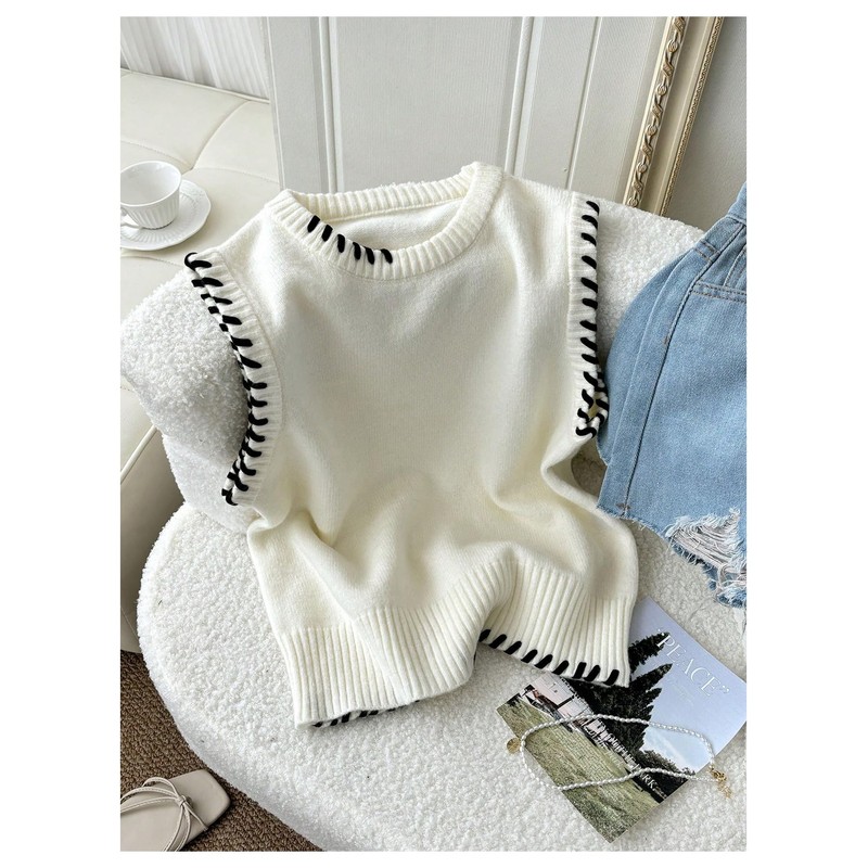 Verdusa Women's Sleeveless Sweater Old Money Ribbed Knit Pullover Binding