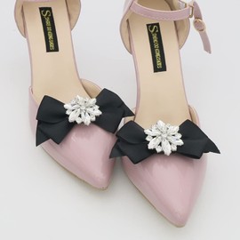 Ruihfas 2Pcs Elegant Bow Shoe Clips Rhinestone Crystal Flower Shoe Buckles for Women Wedding Party Flats Pumps Shoes Decoration (Black)