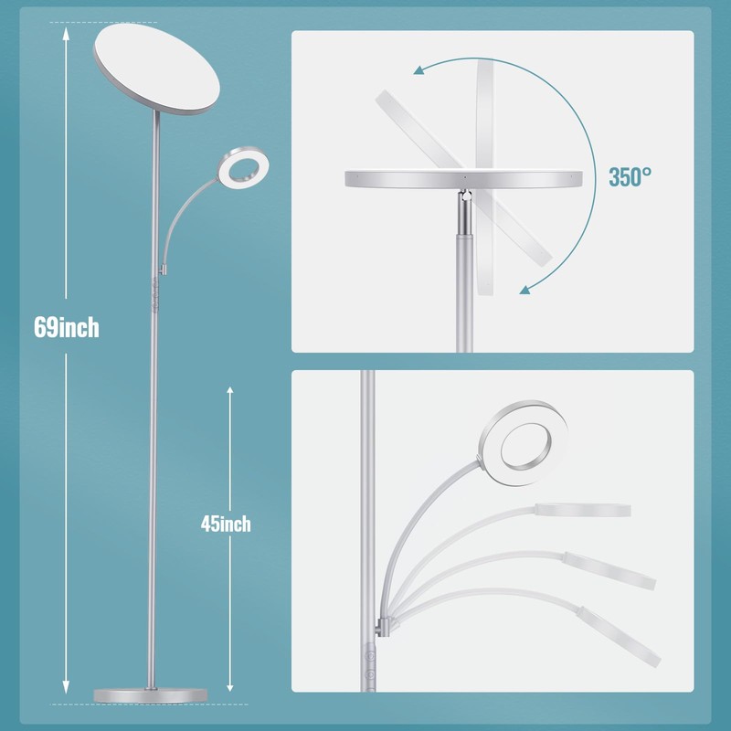 marctronic Silver Gray Floor Lamp, 42W 4000LM Super Bright LED