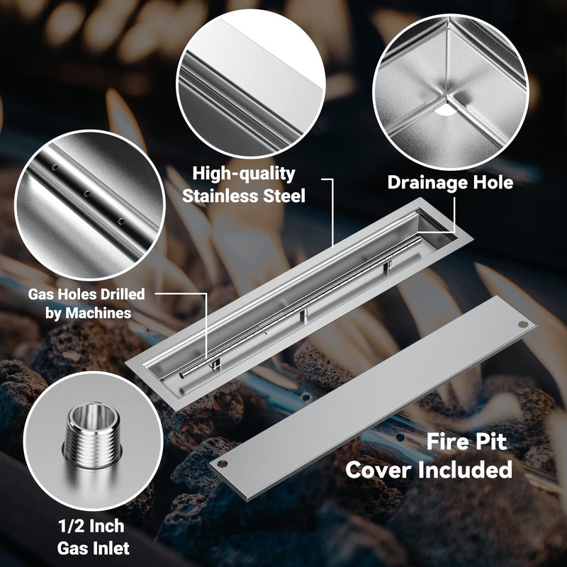 Skyflame Linear Stainless Steel Drop-in Fire Pit Pan and Burner