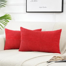 Fancy Homi 2 Packs Red Lumbar Decorative Throw Pillow Covers 12x20 Inch for Living Room Couch Bed Sofa, Holiday Christmas Home Decor Gift, Soft Striped Corduroy Rectangle Accent Cushion Case 30x50 cm