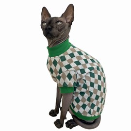Vintage Mulan Cotton Sphynx Hairless Cats Shirt Cat Turtleneck Pet Clothes Kitten T-Shirts with Sleeves for Sphynx Cornish Rex, Devon Rex, Peterbald (Rhombus Green, X-Large)