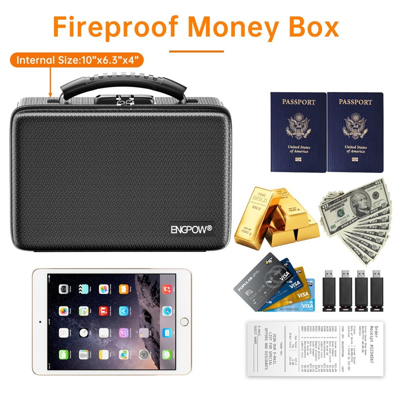 ENGPOW Fireproof Money Box, Small Hard Case Fireproof Box with