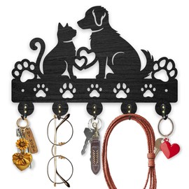 MAYJOYDIY Wooden Cat Dog Key Hangers for Wall 30x20cm Cat Dog Paw Print Key Hook Love Pattern Coat Rack Wall Mounted with 5 Alloy Hooks for Entryway Bedroom Living Room Home Decor