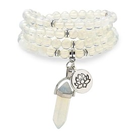 108 Natural Mala Prayer Beads Lotus Pendant and Hexagonal Prism Reiki Quartz Bracelet Necklace, One size, Stone, No Gemstone