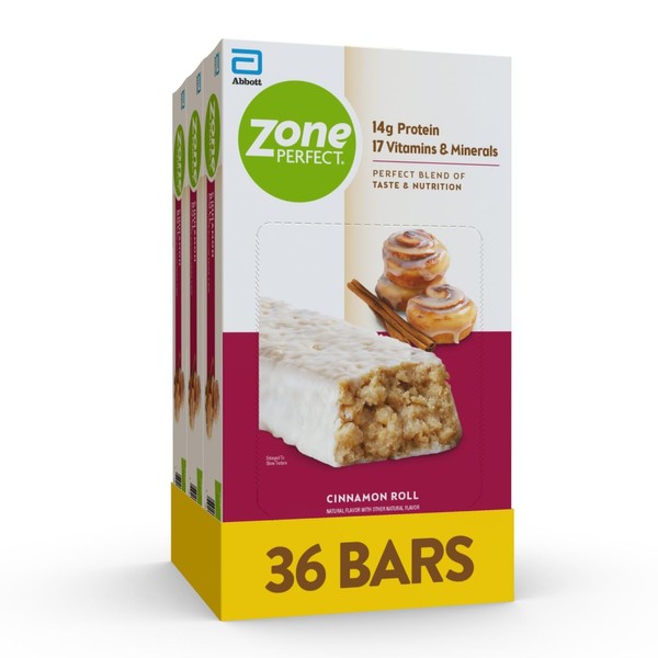 ZonePerfect Protein Bars, 14g Protein, 17 Vitamins & Minerals, Protein Snack, Cinnamon Roll, 36 Bars