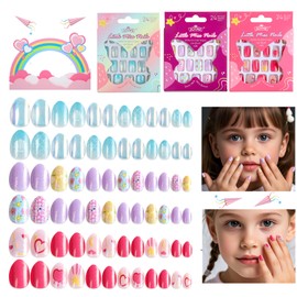 Gorvalin Kids Press on Nails for Girls Ages 6-10 | Pre-Glued Glitter Fake Nails with Mermaid, Heart & Flower Designs | Cute Nail Decorations for Children's Day Gift (Almond Shape)