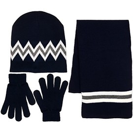 Polar Wear Boy's 3 Piece Knit Hat, Scarf & Gloves Set (Navy-Gray)