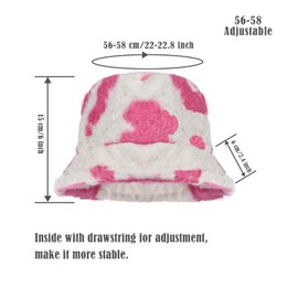 Yonchic Winter Soft Faux Fur Plush Bucket Hat, Lovely Fisherman Cap, Fashion Outdoor Thick Warm Sun Cap for Women, Cow Pattern Hot Pink, One Size