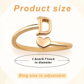 Mikovivi Heart Initial Stackable Rings, Adjustable Pinky Rings Cute Capital Letter Rings Heart Rings Non Tarnish Gold Rings Alphabet Gold Pinky Rings Jewelry Gift for Women