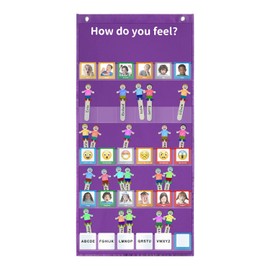 Boczif Emotions Feeling Pocket Chart, Express Your Feelings Classroom Chart with 24 Cards for Preschool Teacher, Daycare Decor, Social Emotional Learning Activities, Calm Down Corner Supplies (Purple)