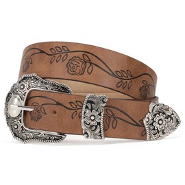 SUOSDEY Floral Engraved Western Belt for Women Vintage Cowgirl Cowboy Belt Country Leather Belt for Jeans