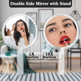 Queekay Double-Sided Handheld Mirror with Stand, 1X/10X Magnifying Mirror, Clear Adjustable, Round Shape, 25.8 x 15 cm