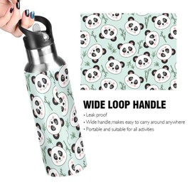 Cute Panda Water Bottle Kids Bear Bamboo Insulated Thermos Stainless Steel Hot Cold Water Flask Jug with Straw Lid for Sports Gym Running 20 oz