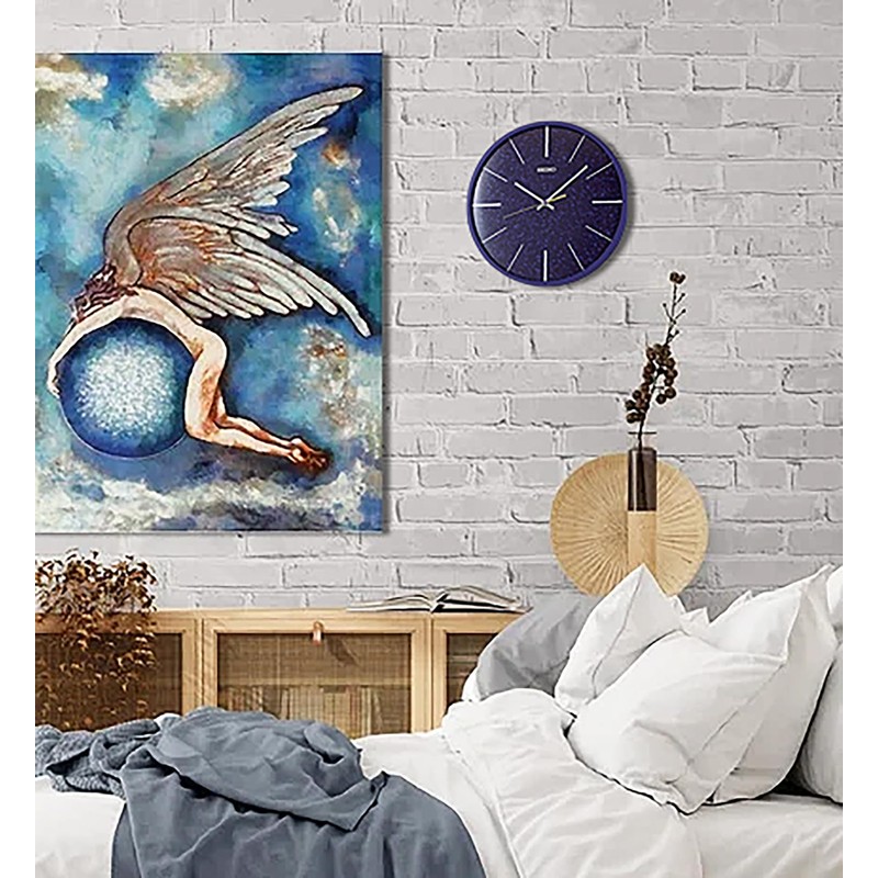 Seiko QXA828ALH Modern Faux Granite Non Ticking Wall Clock, Blue,