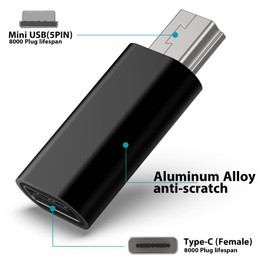 USB C to Mini USB Adapter, Type C Female to Mini USB 2.0 Male Convert Connector Support Charge & Data Sync Compatible GoPro Hero 3+, MP3 Players, Dash Cam, Digital Camera, Receiver etc(2-Pack) Black