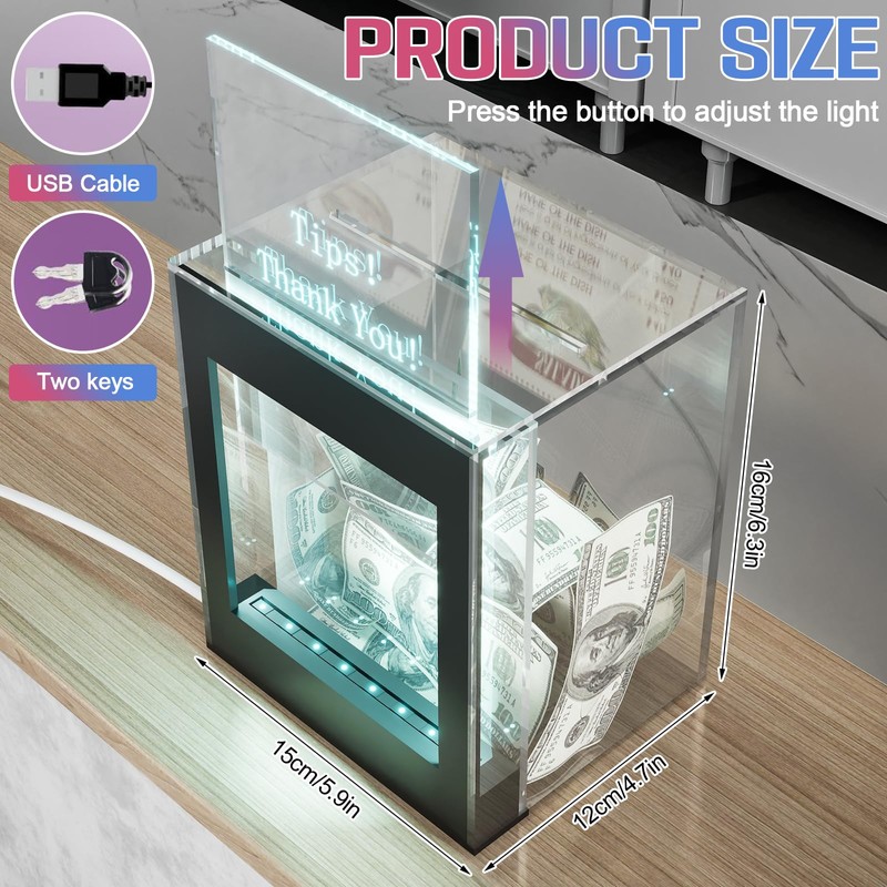 Kuabiz Lighted Up Tip Jar for Money with Lock and