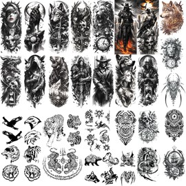 CUTELIILI Black Half Sleeve Temporary Tattoo for Men Adults, 3D Realistic Wolf Tiger Scary Military Fake Body Arm Chest Shoulder Tattoos for Halloween Summer BBQ Pool Beach Party