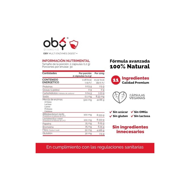 Oby Multi Enzimas digestivas, Probióticos | 7 tipos enzimas +