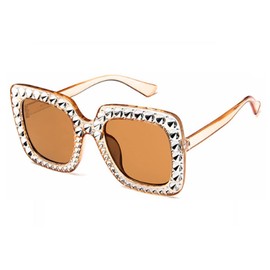 Oversized Square Frame Bling Rhinestone Cat Eye Retro Women Fashion Sunglasses (Brown-Brown)