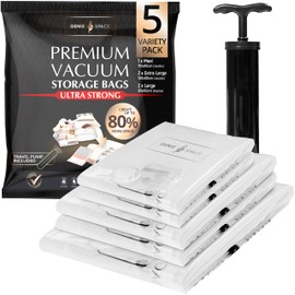 GENIE SPACE - Incredibly Strong Premium Space Saving Vacuum Bags Storage | Variety 5 Pack (1MX+2XL+2L) | Airtight & Reusable | Create 80% more space | For Clothes, Towels, Bedding, Duvets and more..