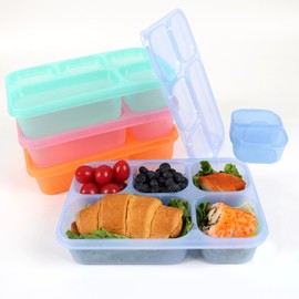 Bento box, 4 Pack Bento Lunch Box for Adult & Kids,5 Compartment Adult Lunchable Containers with Sauce Jar, 44 Oz/1300ML,Sturdy and Easy-to-Clean Meal Prep Containers(Green/Blue/Pink/Purple)