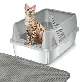 Stainless Steel Cat Litter Box with Lid XL Metal Extra Large Litter Box with High Sides, Big Cat Litter Pan Include Scoop & Mat Easy to Clean, Non Stick, No Smell, Anti-Urine Leakage (Light Gray)
